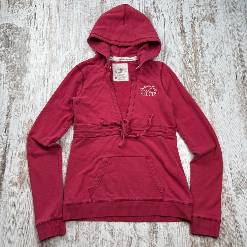 VTG Y2K Hollister Cali Deep V-Neck Tie Front Babydoll Hoodie Red Medium Coquette